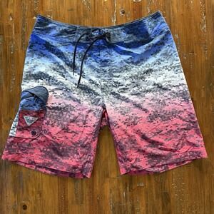 Columbia PFG Board Shorts Men's 36 Digital Camo Blue Red Fishing Swim